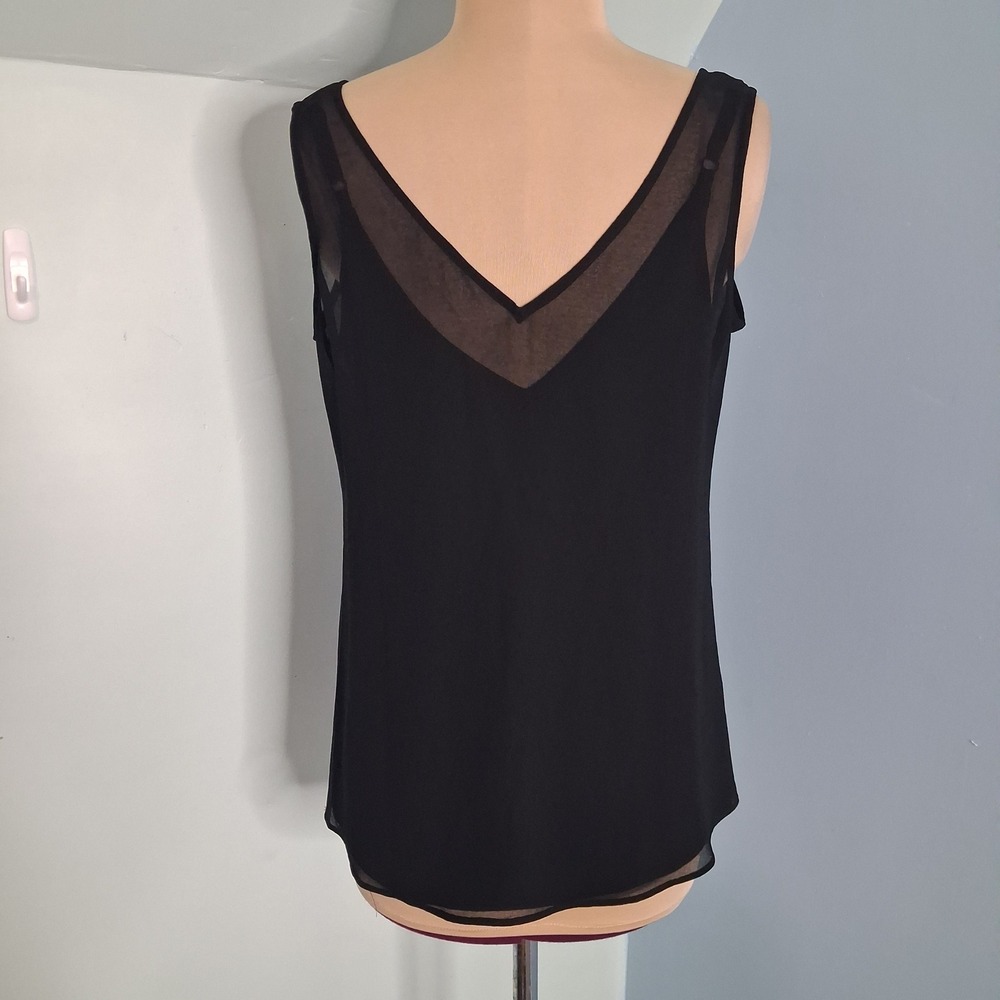White House Black Market Black V-Neck Mesh Trim Sleeveless Chiffon Top XS
